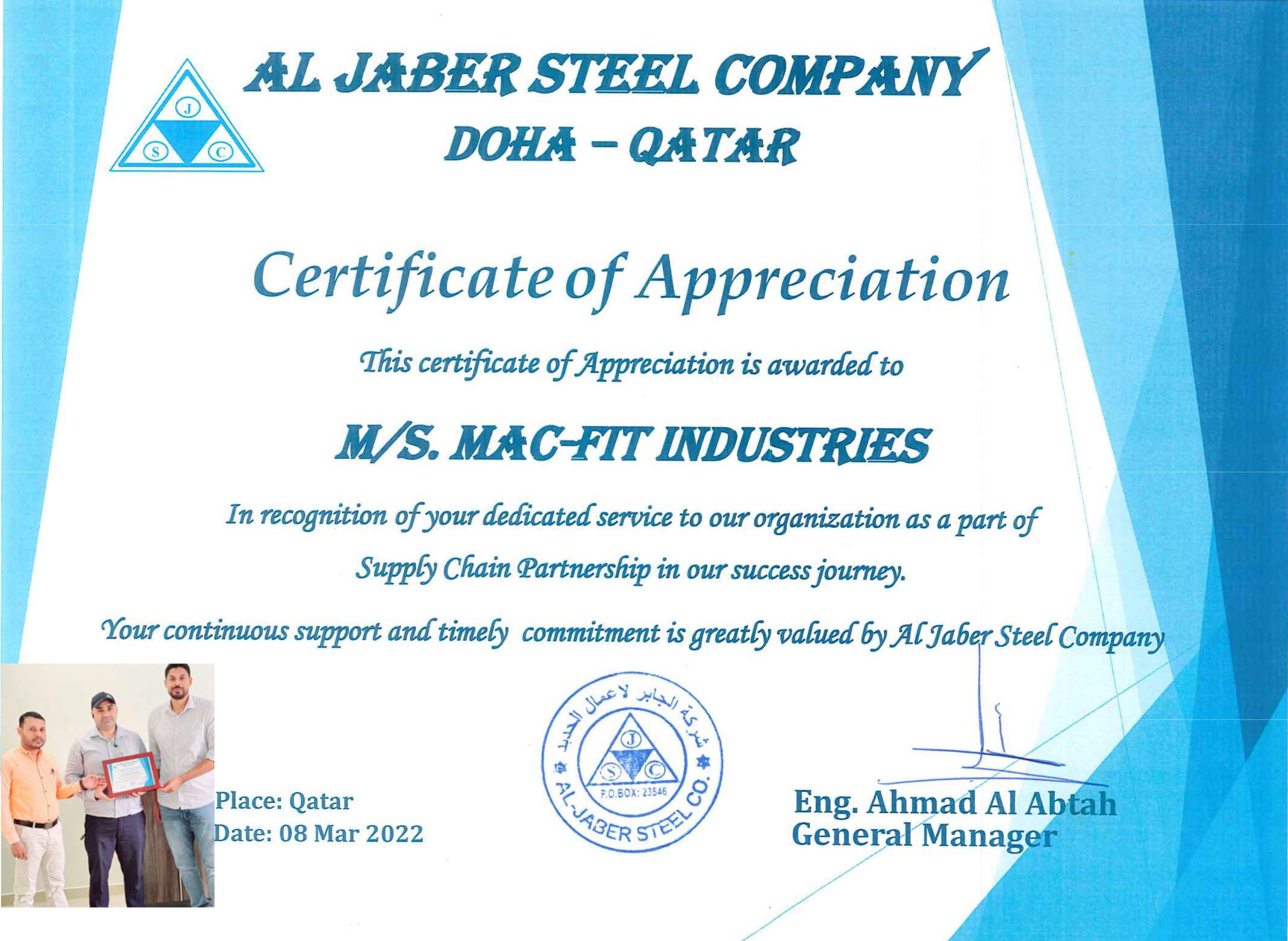 Al Jaber Steel Company - Certificate of appreciation to Mac-Fit Industries for dedicated service